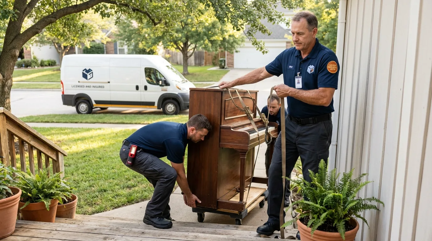 Licensed piano movers securing grand piano in Port Gibson, MS
