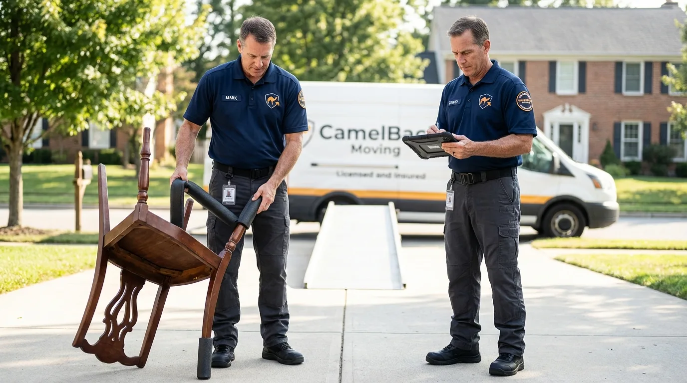 Movers inspecting furniture for damage prevention before loading in Port Gibson, MS